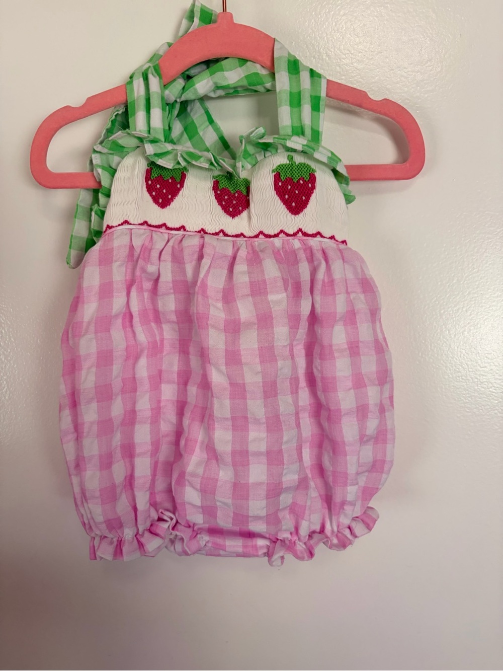 Pink Gingham Strawberry Bubble Romper with Green Gingham Ties
